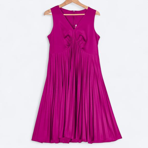 VTG 70s Lily Lynn Pleated Satin‎ Midi Dress Women's 16 Swing Disco Barbie - Picture 1 of 8